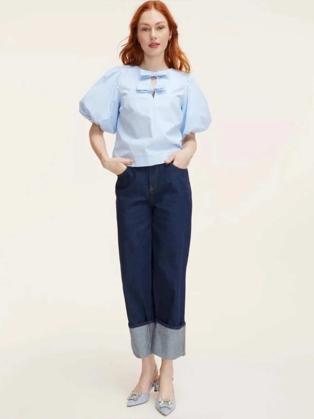KATE SPADE X Target Striped Puff Sleeve Bow Blouse Top Shirt Blue S Nautical